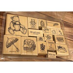 EXCELLENT RARE STAMPIN' UP! BOW BEAR Wood Rubber Stamp set of 17 UMBRELLA PICNIC